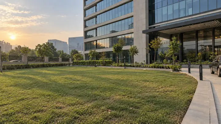Green natural lawn curving in front of an office building at sunrise