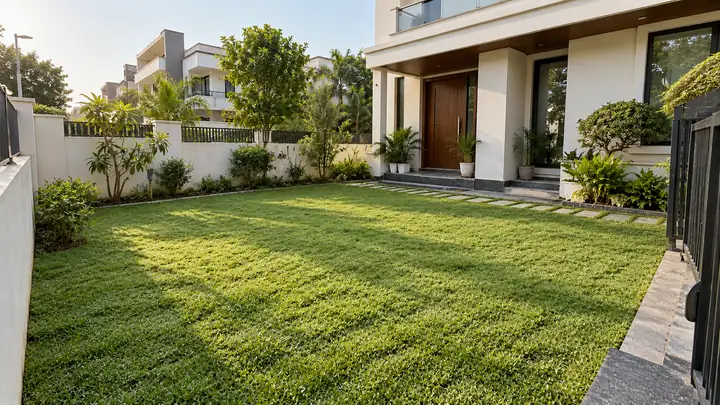 Healthy green natural lawn in front of a modern house